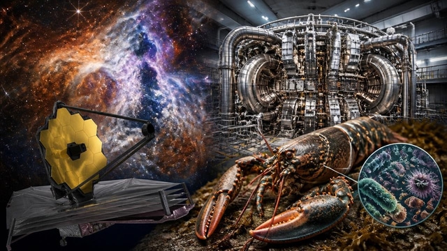 JWST Orion image, W7-X fusion pact, and lobster microbiomes.